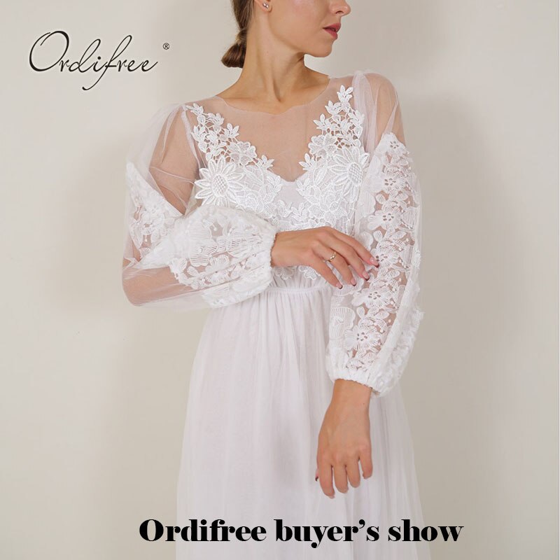 Ordifree 2021 Summer Women Long Tulle Dress Long Sleeve Embroidery Wedding Vocation Sexy White Lace Maxi Tunic Beach Dress