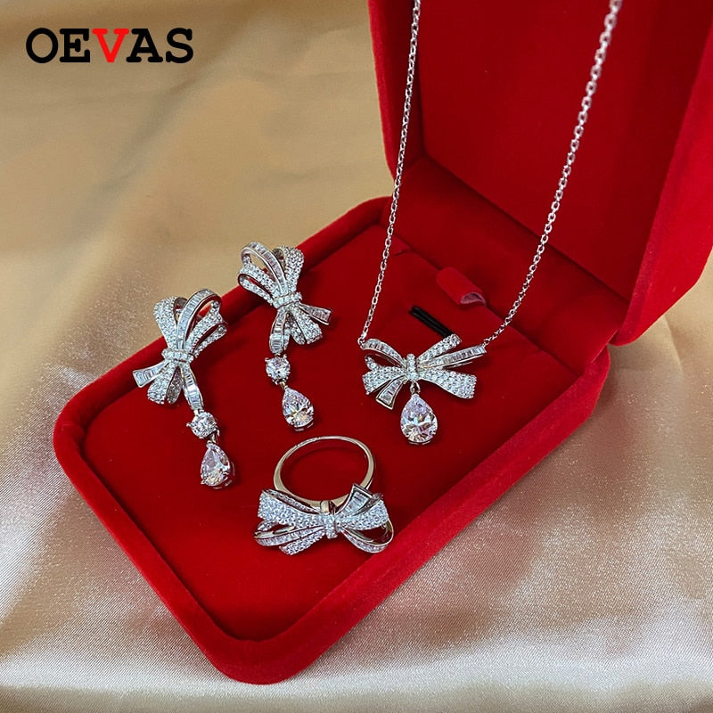 OEVAS 100% 925 Sterling Silver Sparking High Carbon Diamond Bow-knot Fine Jewelry Set Wedding Bridal Earrings Rings Necklaces