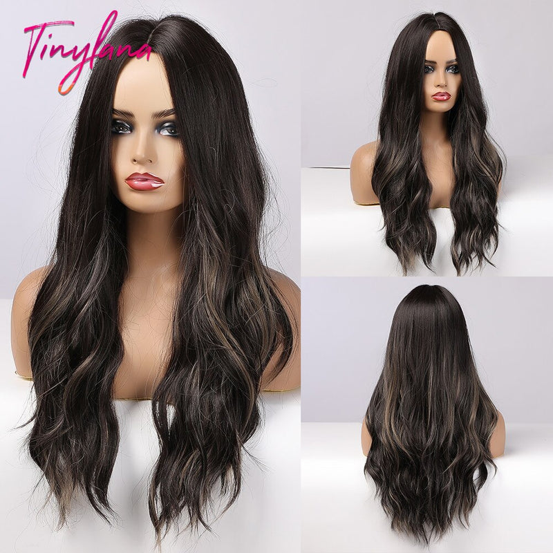 Long Synthetic Brown Blonde Water Wavy Gloden Highlight Wigs Middle Part Heat Resistant Cosplay Natural Hair for Black Women