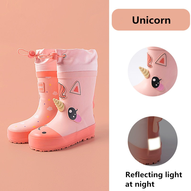 Botas de lluvia para niños con unicornio, zapatos impermeables para niño y niña, nuevas botas de goma con estampado de dibujos animados para niños con cubierta impermeable para pantorrilla