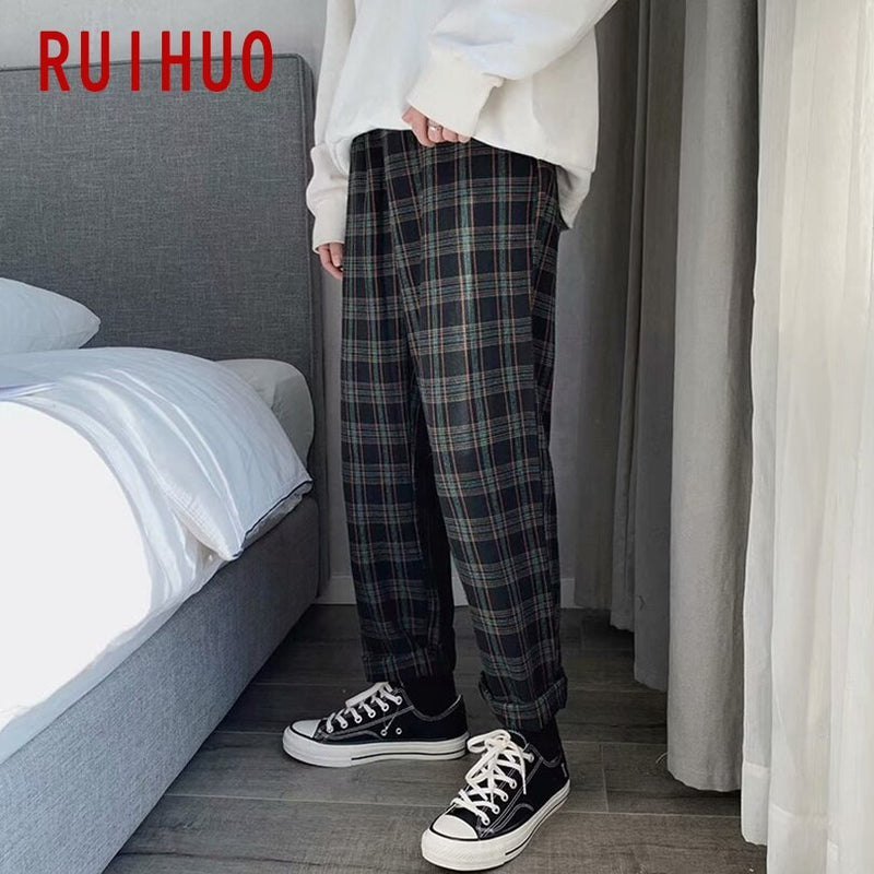 RUIHUO Plaid Harem Pants Men Trousers Joggers Casual Pants Men Sweatpants Ankle-Length Hip Hop Streetwear Cotton M-3XL 2022