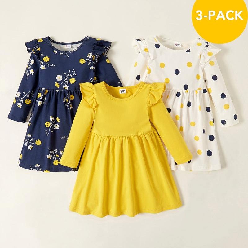 PatPat Frühling und Herbst 3er-Pack Kleider Kleinkind Mädchen Punkte und einfarbiges kurz- und langärmliges Kleid Set süße Kinderkleidung