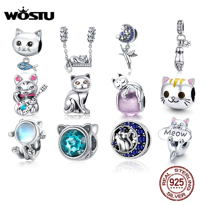 WOSTU Cute Cat Charms 925 Sterling Silver Animal Pussy Zirconia Beads Fit Original Bracelet Pendant DIY Necklace Jewelry