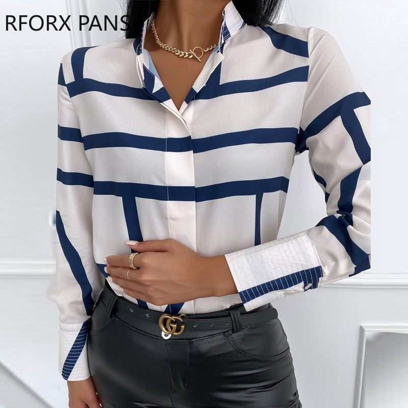 Camisa informal de manga larga a rayas de primavera Blusa de manga larga Top de mujer 2021