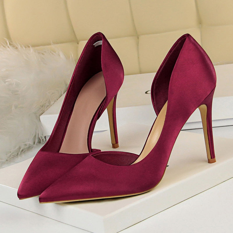 2023 Women 9.5cm High Heels Blue Pumps Satin Escarpins Luxury Stiletto Lady Shoes High Heels Scarpins Burgundy Green Prom Shoes