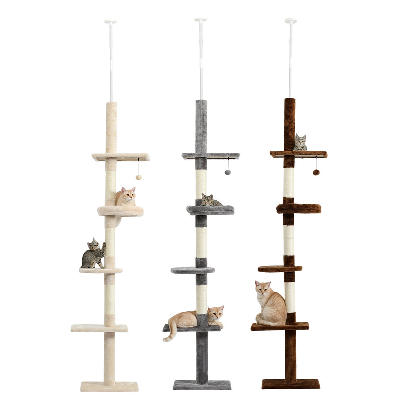 Four Tier Floor-to-Ceiling Cat Tree + Scratching Post Toy- 94.5-102.4 in Modern Cat Climbing Tower with a Scratcher Beige