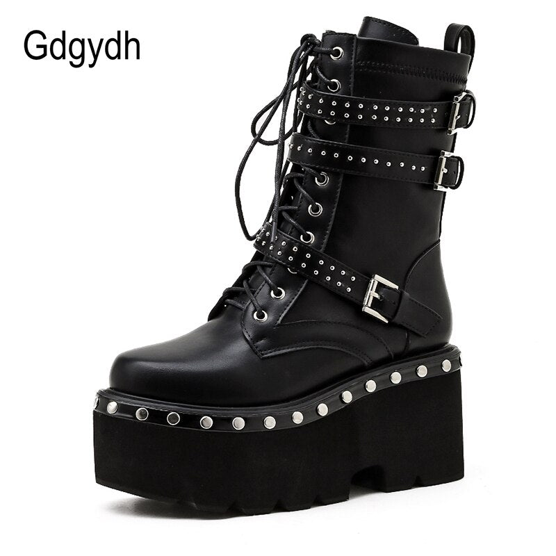 Gdgydh 2022 Spring Lace-Up Motorcycle Boots for Women Round Toe Thick Platform High Heels Female Ankle Boots Gothic Style Shoes