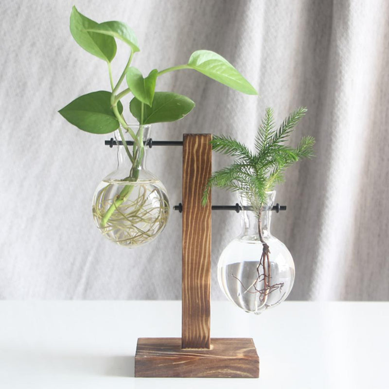 Glass Wood Vase Planter Terrarium Table Desktop Hydroponics Plant Bonsai Hanging Flower Pot with Wooden Tray Home Decoration
