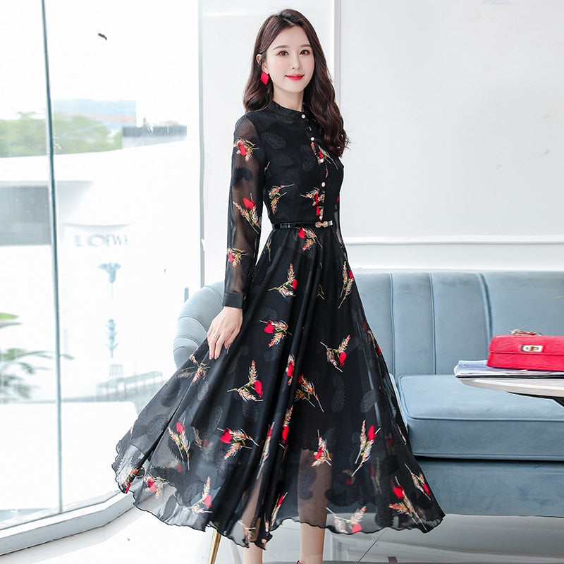 Vintage Chiffon Black Casual Midi Dress 2022 Autumn Winter Elegant Women Boho Prom Maxi Dress Party Long Sleeve Wedding Vestidos