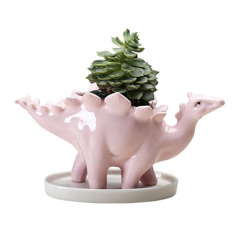 Creative Ceramic Stegosaurus Flower Pot Succulent Garden Desktop Decoration With Tray Creative Dinosaur Flower Planter Pot