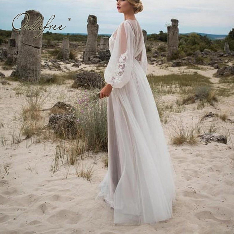 Ordifree 2021 verano mujer vestido largo de tul manga larga bordado boda vocación Sexy encaje blanco Maxi túnica vestido de playa