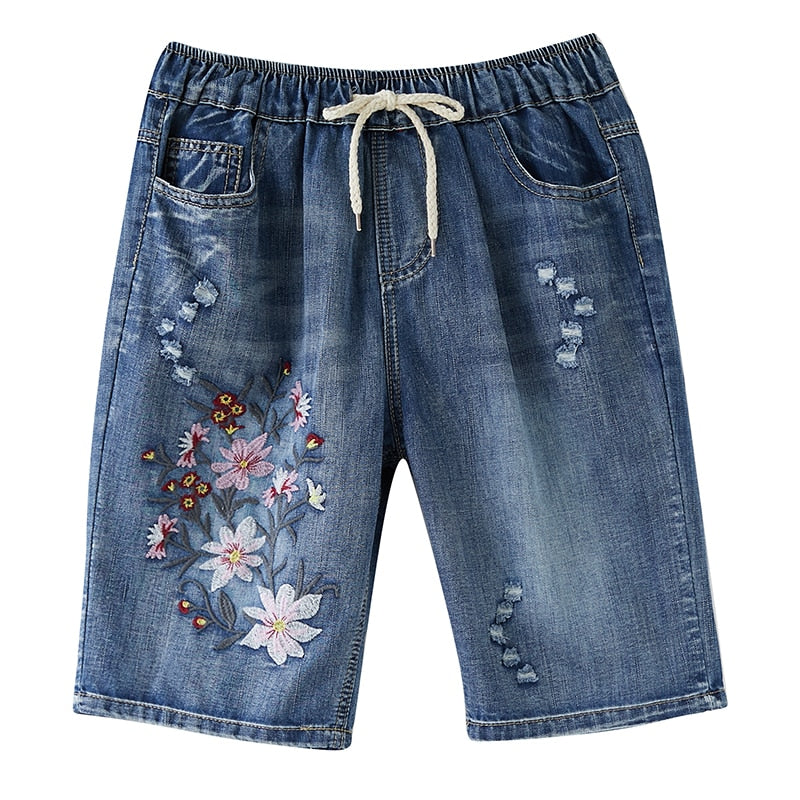 Women Summer Folk Style Elastic Waist Floral Embroidery Drawstring Ripped Shorts Female Office Lady Casual Loose Denim Short