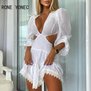 Vestido elegante para mujer, vestido de encaje con recorte, manga abullonada, vestido informal con escote en V, vestido de vacaciones 2021