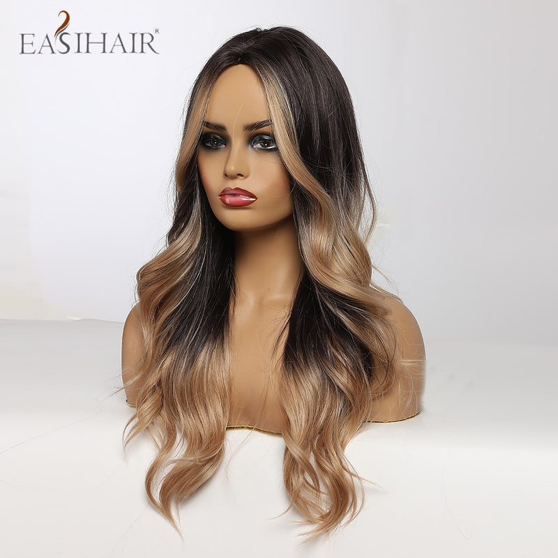 EASIHAIR Long Body Wave Light Brown Wigs with Blonde Highlights Middle Part Cosplay Heat Resistant Synthetic Hair Wigs for Women