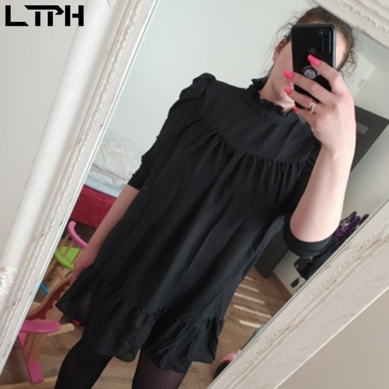 LTPH Special Sales Loose Elegant women dress Puff Sleeve Turtleneck Ruffles A-Line vintage White Chiffon Dresses 2021 Spring New