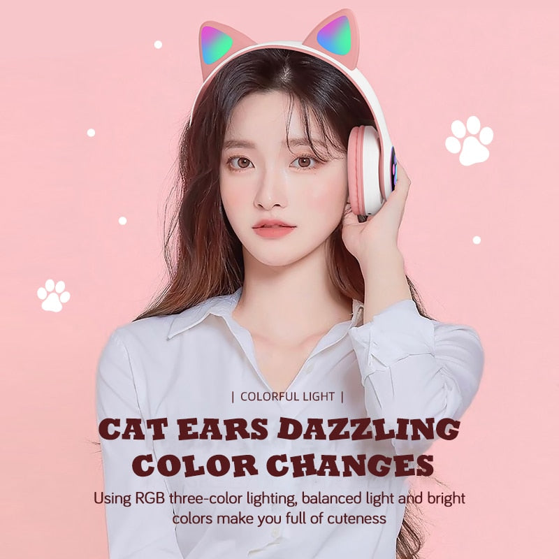 Cat Ear Wireless Kopfhörer Bluetooth 5.0 RGB Kopfhörer Bass Noise Cancelling Erwachsene Kinder Mädchen Headset Unterstützung TF-Karte Mic
