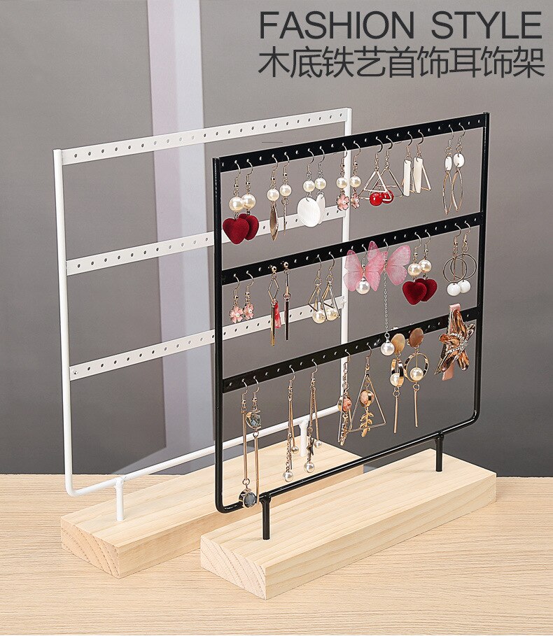 Nice Steel Earrings Storage Holder Jewelry Display Stand for Earrings Necklaces Bracelets Pendants Wooden Base Jewellery Rack