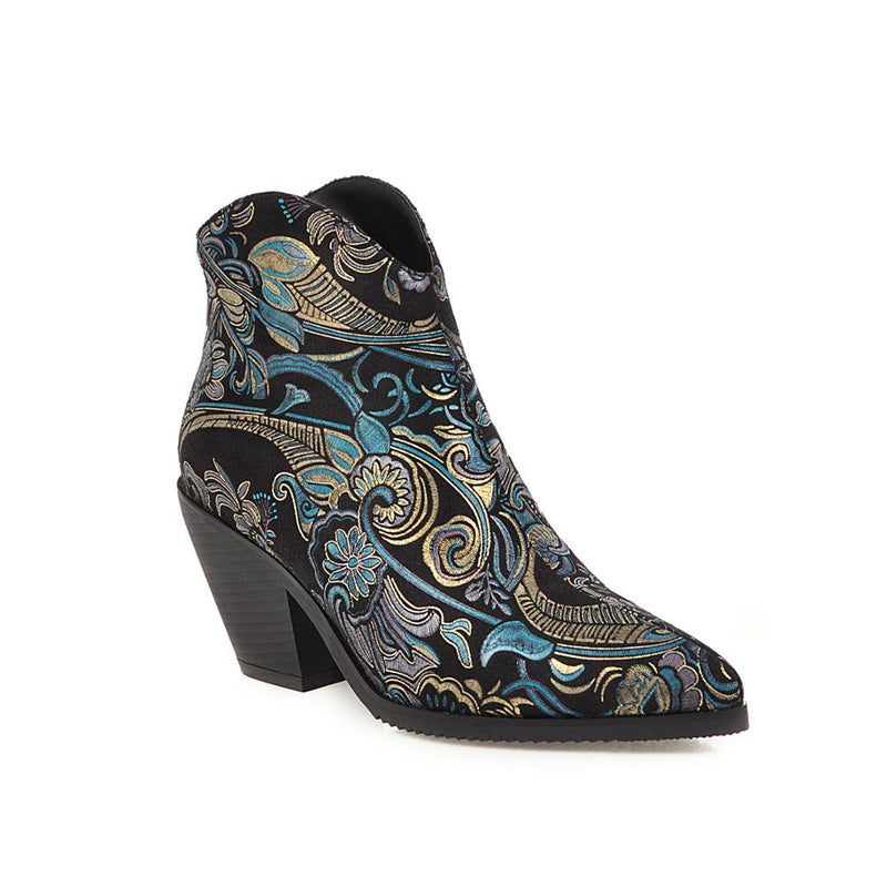 Klassische bestickte PU-Leder-Cowboy-Stiefeletten für Damen mit Keilabsatz und Schlangenprint Western-Cowgirl-Stiefel 2019 Herbst