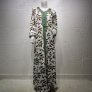 Siskakia Middle East Women Long Dress Ribbon V Neck Full Sleeve Leaves Print Maxi Dresses Turkey Arabic Dubai Muslim Clothing