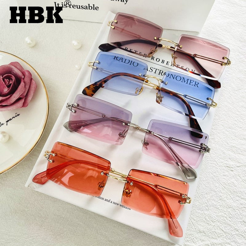 HBK Blue Rimless Sunglasses Women 2021 Retro Style Small Rectangle Gold Red Metal Chain Sun Glasses Square Frameless For Men