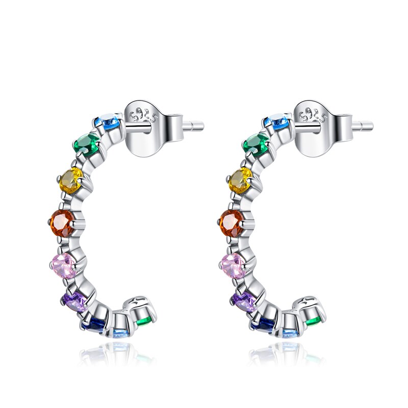 WOSTU Real 925 Sterling Silber Einfache Bunte Zirkonia Ohrstecker Regenbogen Ohrringe Für Frauen Mode Silber Schmuck CQE1014