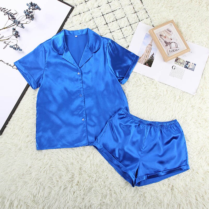 HiLoc Solid Satin Nachtwäsche Seide Pyjama Set Top und Shorts Zweiteiler Pyjama Damen Pyjama Kurzarm Home Suit Casual