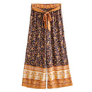 Nuevo bohemio fruncido elástico Slash cuello estampado floral pulóver camisa marrón 2019 mujeres marea arco cintura elástica pantalones 2 piezas conjunto