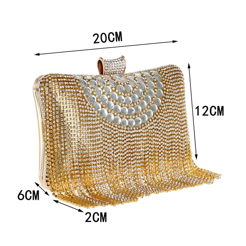 GLOIG Fashion women tassel evening bags diamonds beaded clutch wedding purse shoulder party laides case purse