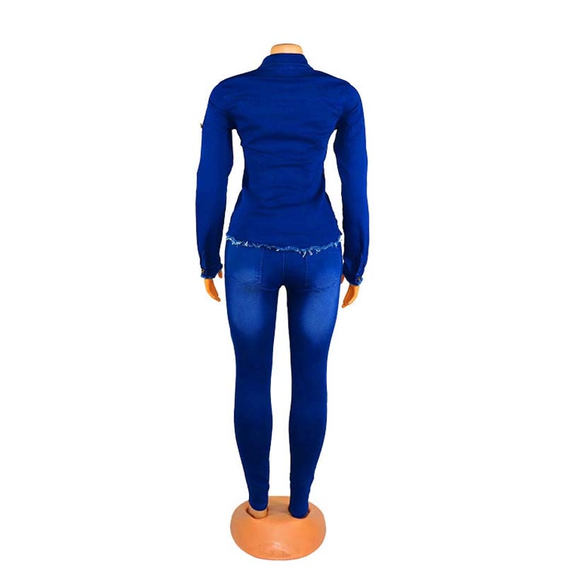 Casual Jeans Anzug Frauen Denim Zweiteiler Blau Langarm Jeans TopLong Hosen Schlank Trainingsanzug Outfits 2020 Frühling Herbst OL