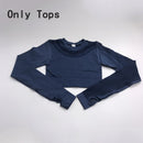 Conjuntos de Yoga, ropa de gimnasio para mujer, Tops cortos de manga larga sin costuras, mallas deportivas de malla, pantalones de entrenamiento para correr, pantalones de cintura alta, ropa de Fitness