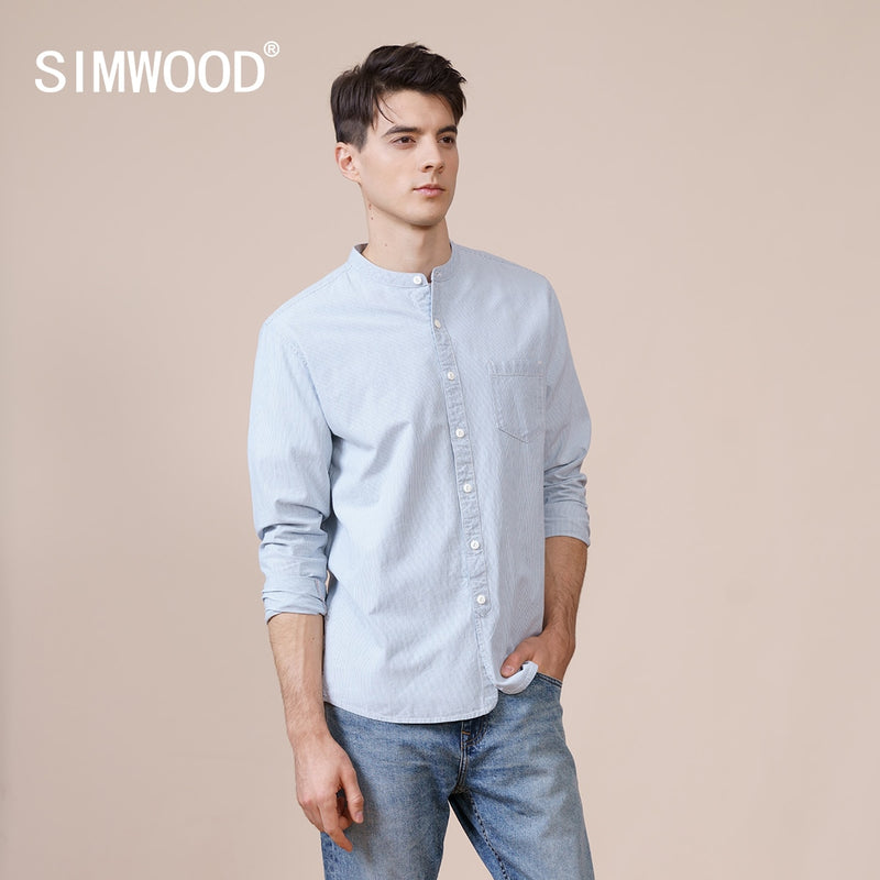 SIMWOOD 2022 Spring Summer New Mandarin Collar Shirts Men 100% Cotton Vertical Pinstripe Texture Casual Shirts  SK130126