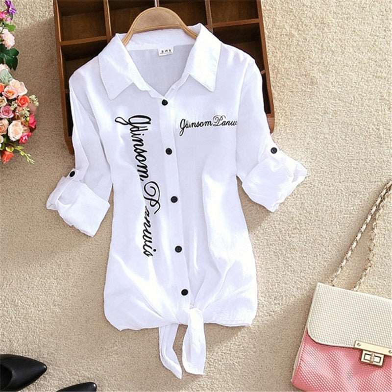 Women Shirts White Blouses Kimono Summer Top Women Letter  Printed Shirts Sleeve Turn Down Collar Casual Print Cardigan DD2433