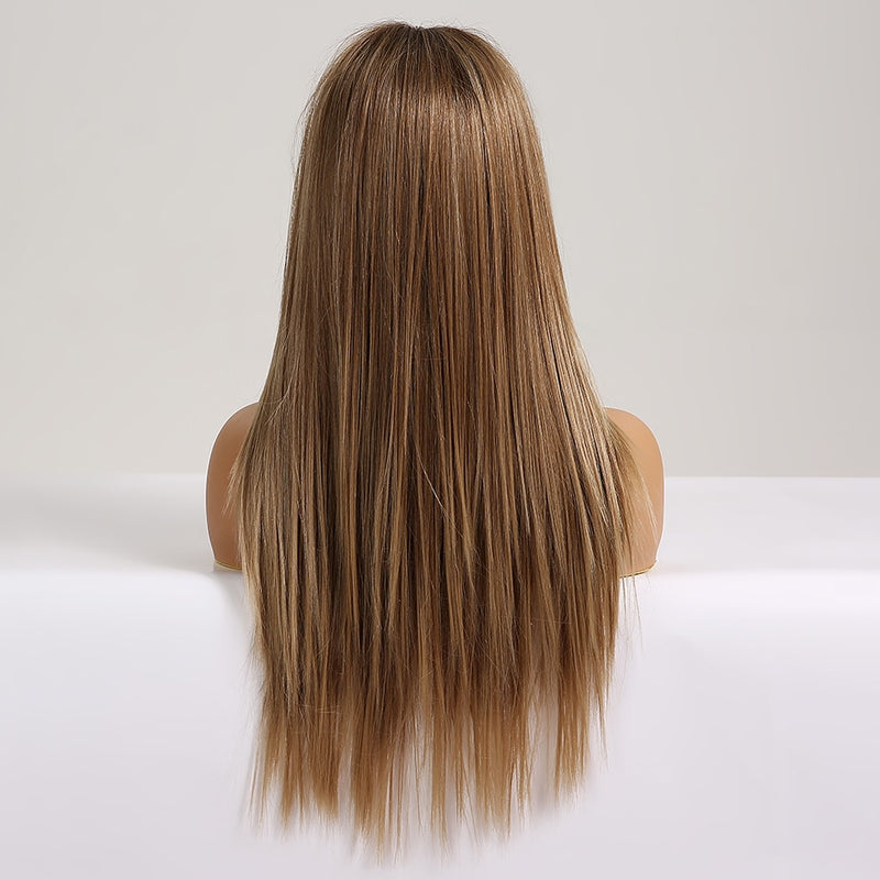 EASIHAIR Lange, seidige, glatte, braune, blonde T-Teil-Spitzenperücken mit Babyhaar, hochdichte, hitzebeständige, synthetische Perücken für Frauen