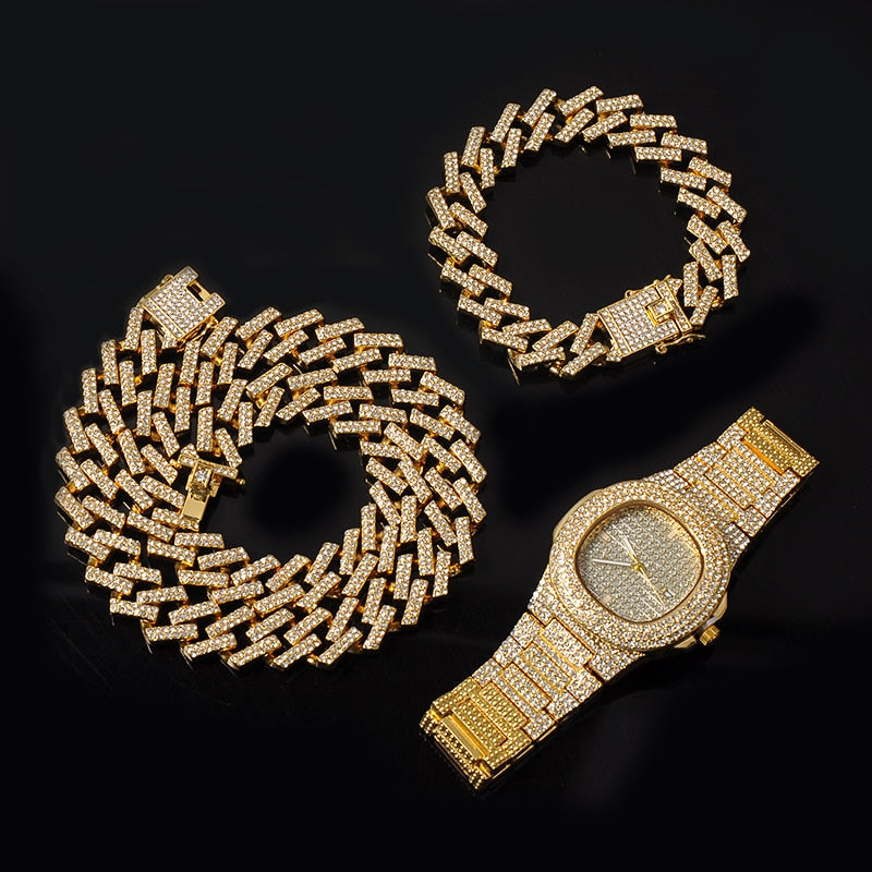 Collar + reloj + pulsera Hip Hop Miami Curb cadena cubana Color dorado diamantes de imitación pavimentados CZ Bling rapero para hombres joyería