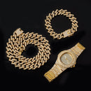 Necklace +Watch+Bracelet Hip Hop Miami Curb Cuban Chain Gold Color Iced Out Paved Rhinestones CZ Bling Rapper For Men Jewelry