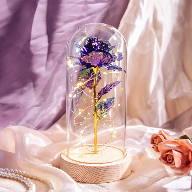 Regalo de Navidad La Bella y La Bestia Rosas preservadas en vidrio Galaxy Rose Flower LED Light Flor artificial Regalo para mujeres Niñas