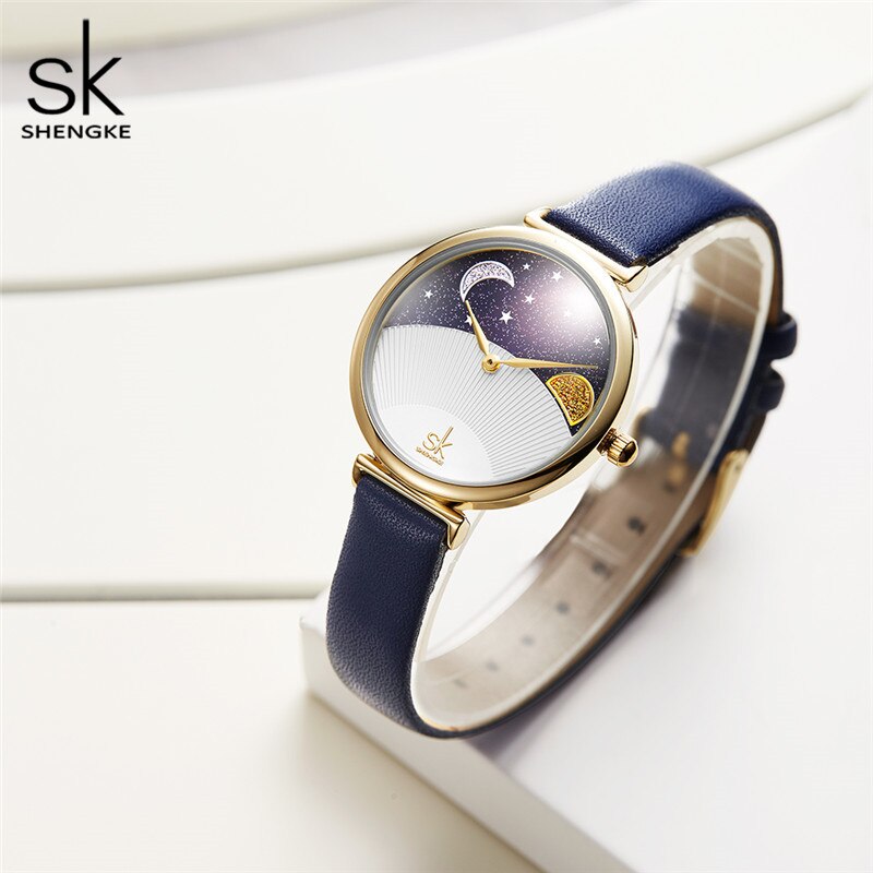 Shengke Fashion Blue Women Watch Quartz Lady Leather Watch For Women Casual Waterproof Wristwatch Romantic Moon Stars Dial