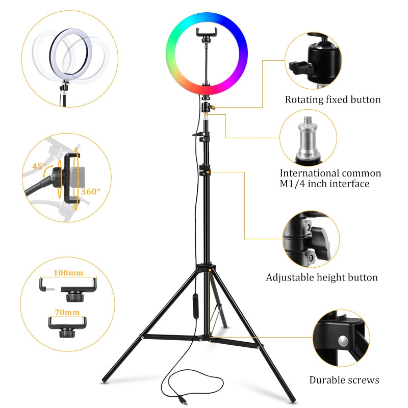 Anillo de luz Led RGB con soporte, iluminación colorida, 29 colores, 3 modos normales, Selfie regulable, anillo de luz de 10 pulgadas para vídeo de Youtube