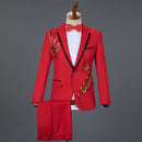 Red Diamond Floral Men Suits for Wedding Mens Suits 3 Piece Blazer+Pant+Bow Tie Fashion Tuxedo Men Suit Set Stage Costume Homme