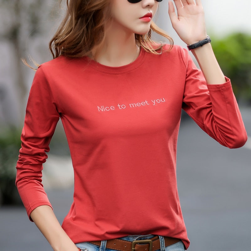 Letter Embroidery 2022 Autumn Cotton T-shirt Spring Women Long Sleeve Casual Red T shirts Fashion O-Neck Blue Yellow Simple Tops