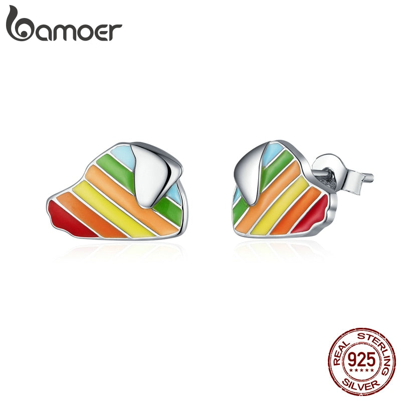 Bamoer Arco Iris esmalte Stud pendientes para mujer Plata de Ley 925 Animal pez gato y perro joyería de moda Bijoux SCE823