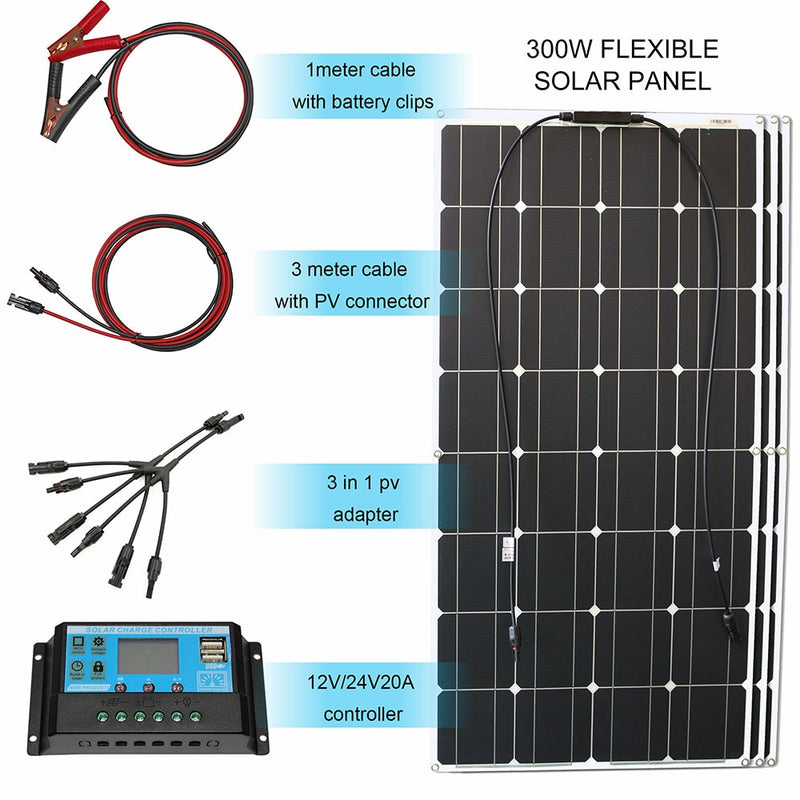 Kit de panel solar flexible de 12v, paneles solares de 100w, 200w y 300w con controlador solar para barco, coche, RV y cargador de batería