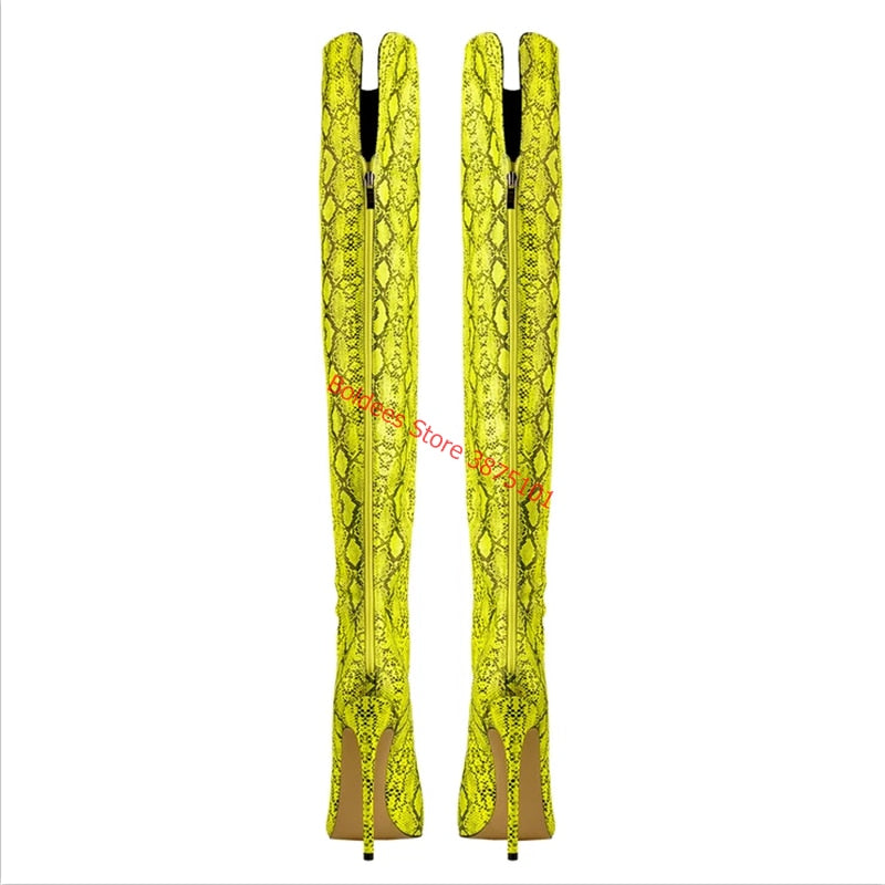 Women's Over The Knee Boots Yellow Snake Peep Toe Spring Boots Skin Print Pattern Stiletto Fashion Party High Boots