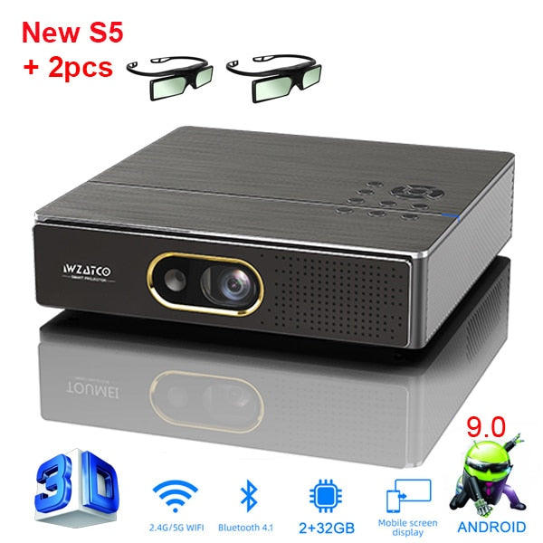 WZATCO S5 portátil MINI DLP 3D Proyector 4K 5G WIFI Smart Android9.0 para Home Theater Beamer Full HD 1080P Video lAsEr Proyector