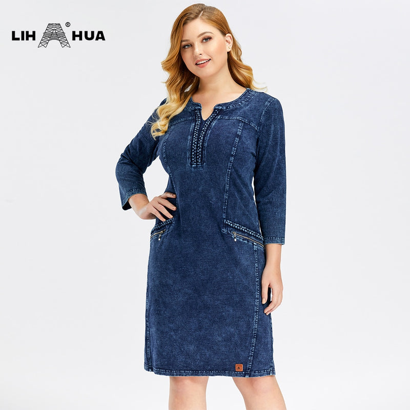 LIH HUA Women's Plus Size Denim Dress Elasticity  Knitted Denim Dresses Slim Fit Casual Dress Shoulder Pads Midi Dress