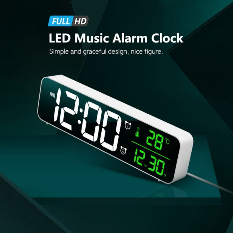 LED Digital Alarm Clocks With Snooze Digital Temp Time Music Dual Clock With USB Charger Large Digit Display Brightness Dimmer