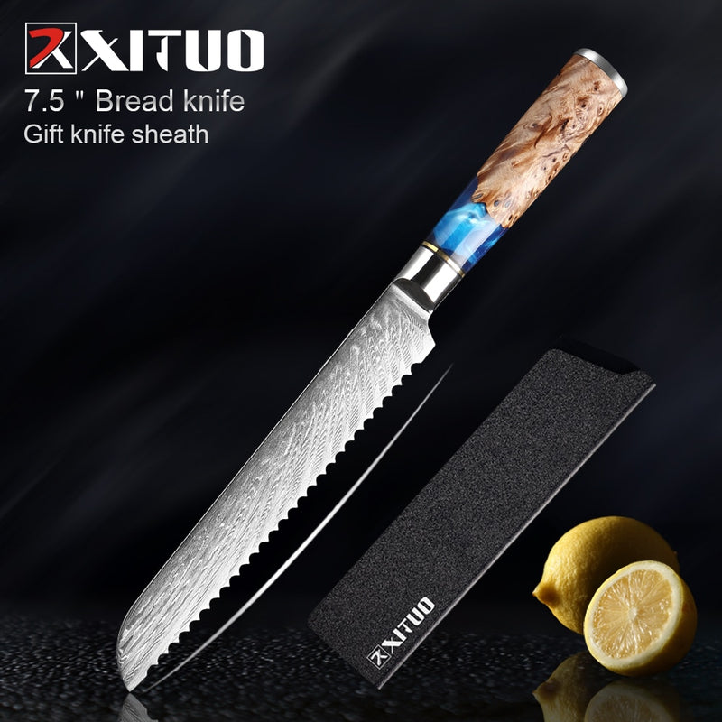 XITUO Kitchen Knives-Set Damascus Steel Chef Knife Cleaver Paring Utility Bread Knife Cooking Tool Blue Resin Handle 1-6Pcs/Set