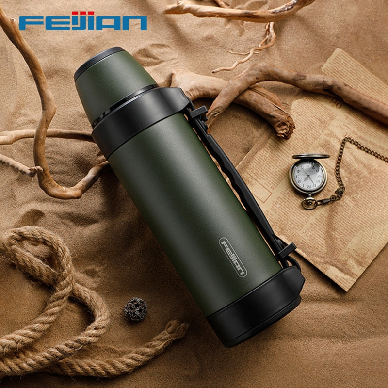 FEIJIAN Military Thermos, Travel Portable Thermos For Tea, Large Cup Mugs for Coffee, Water bottle, Stainless Steel ,1200/1500ML