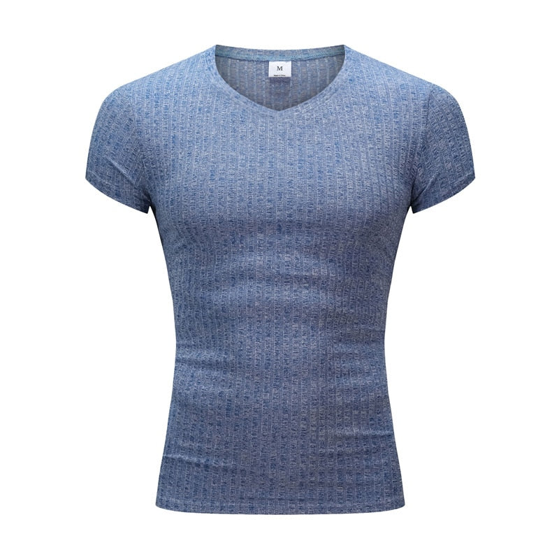 Camiseta de manga corta con cuello de pico para hombre, camiseta de tiras deportivas ajustadas para Fitness, camisetas de moda sólidas para hombre, ropa de gimnasio de punto de verano