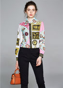 Summer Women Slim Blouses Tops Baroque Print Runway Long Sleeve Shirt Ladies Collar Elegant Vintage Office Shirts Work Wear